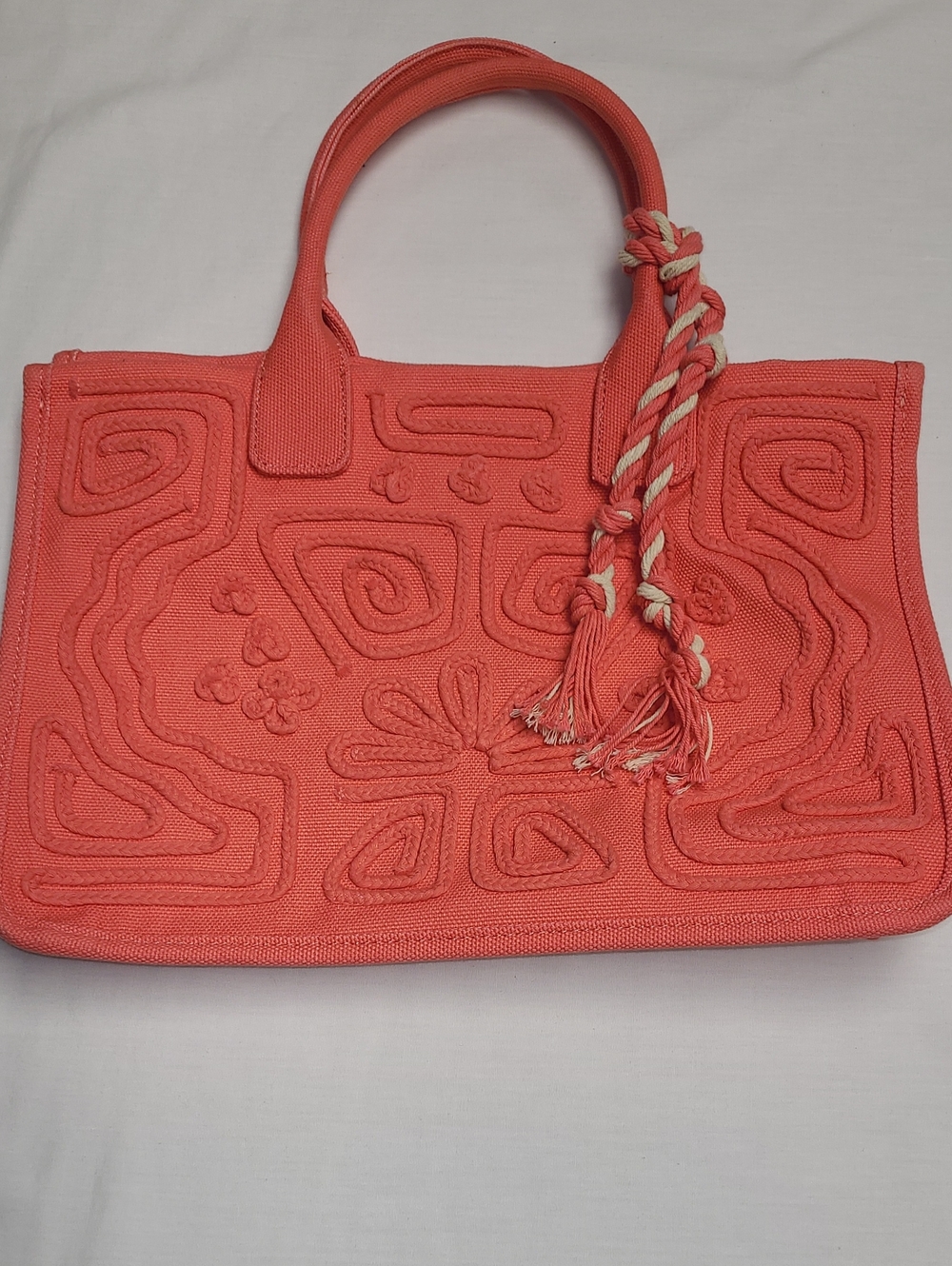Vince Camuto Ultra Coral Cotton Woven Embroidered Tote Bag with Braided Tassel